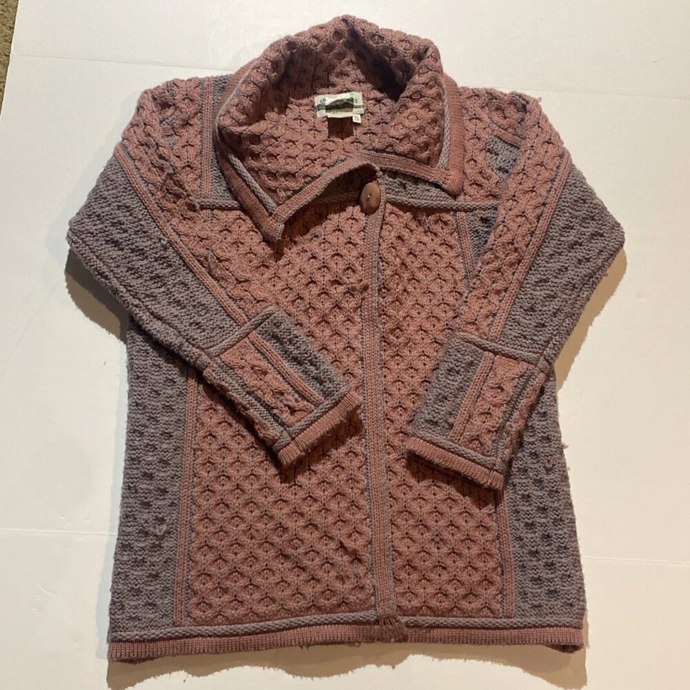 Aran Craft Sweater Women's Small Pink Gray Knit Merino Wool Cardigan Ireland